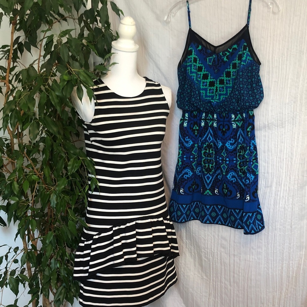 J CREW sz XXS blk white stripe & EXPRESS Sz XS blue green abstract dresses